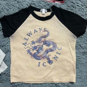 Cream and Black Raglan Crop Top with Dragon Design